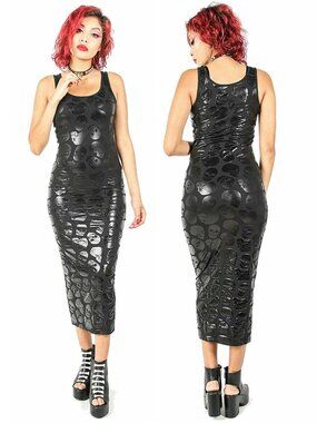 Iron Fist Skull Print Long Tank Dress in Gloss Black XS